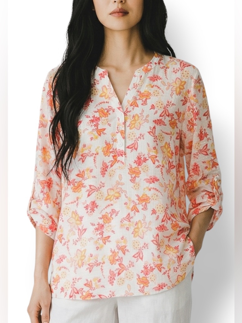 4/$20 Basic Editions Floral Blouse Tunic XL Lightweight Long Sleeve NWT